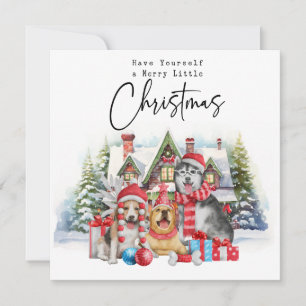 Tarjeta Festiva Feliz casa navideña con perros en camión rojo