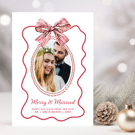 Tarjeta Festiva Feliz Casada Marco Ondulado Rojo Foto con Lazo Nav