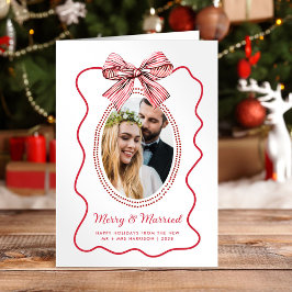 Tarjeta Festiva Feliz Casada Marco Ondulado Rojo Foto de Boda Navi