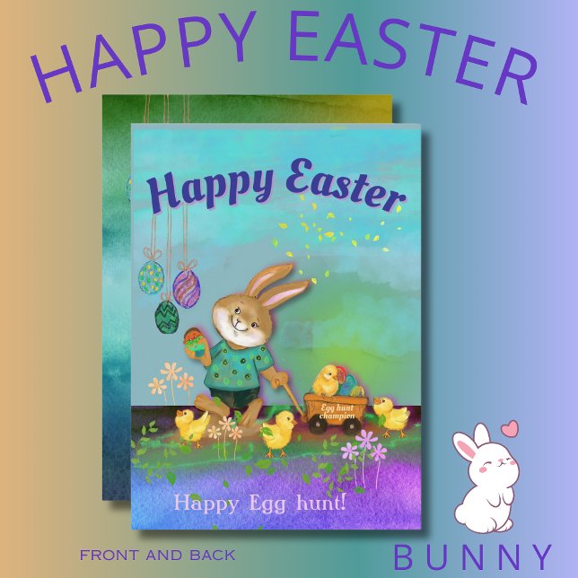 Tarjeta Festiva Feliz caza de huevos, conejo y chichas (Happy Egg Hunt Bunny & Chicks Holiday Card)