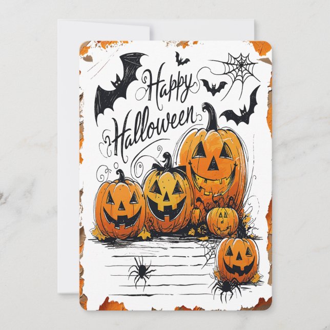 Tarjeta Festiva Feliz Celebración de Halloween Calabazas Murciélag (Anverso)