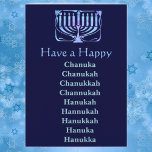Tarjeta Festiva Feliz Chanuka<br><div class="desc">Las muchas ortografías de: Chanuka Chanukah Chanukkah Channukah Hanukah Hanukah Hanukkah Hanukkah Hanuka Hanuka Hanukka</div>