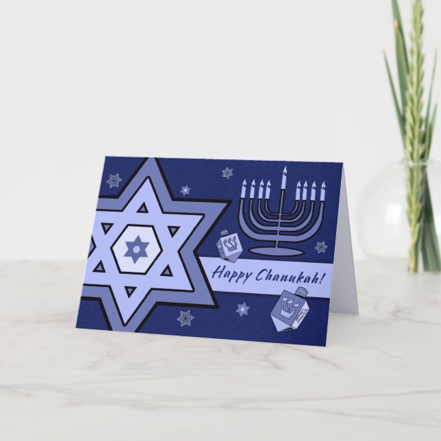 Tarjeta Festiva Feliz Chanukah. Estrella de David, Menorah, sueños (Anverso)