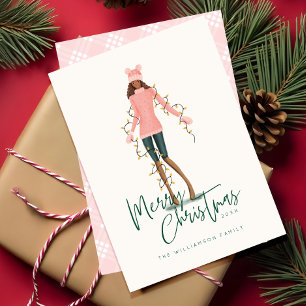 Tarjeta Festiva Feliz Chica de la acuarela navideña envuelto en lu