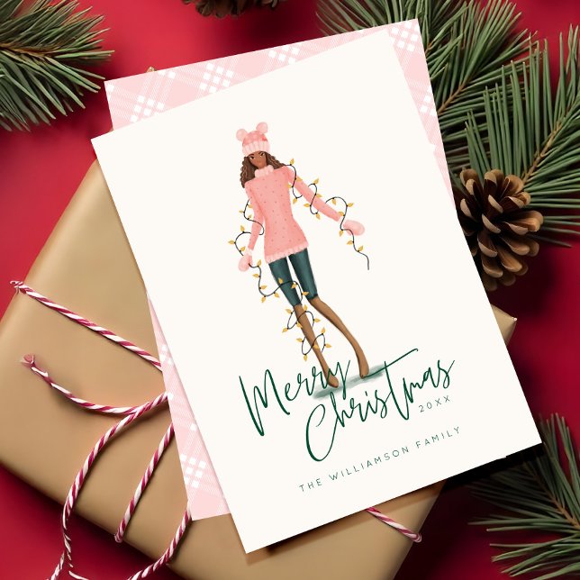 Tarjeta Festiva Feliz Chica de la acuarela navideña envuelto en lu (Merry Christmas Watercolor Girl Wrapped In Lights Holiday Card)