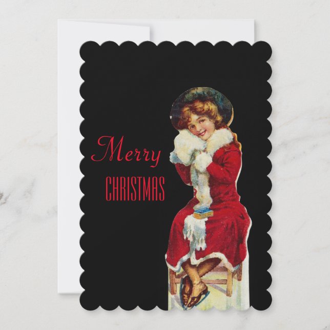 Tarjeta Festiva Feliz Chica navideño vestido con un abrigo rojo (Anverso)