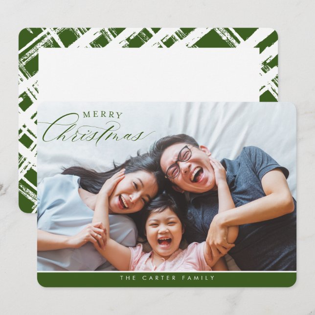 Tarjeta Festiva FELIZ CHRISTMAS FOTO elegante caligrafía verde (Anverso / Reverso)