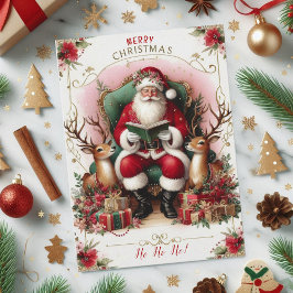 Tarjeta Festiva Feliz Cita navideña Santa leyendo a los renos