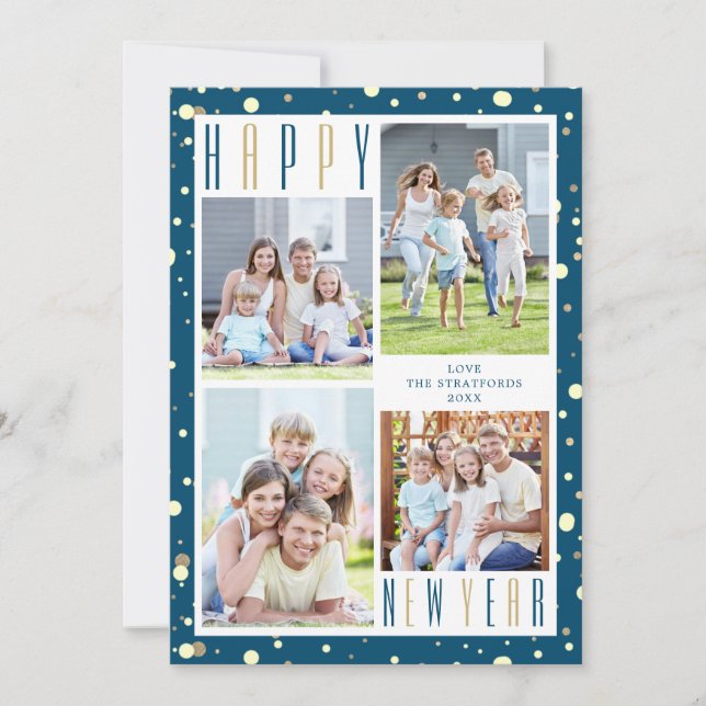 Tarjeta Festiva FELIZ Collage de fotos AÑO NUEVO Blue Gold Confett (Anverso)