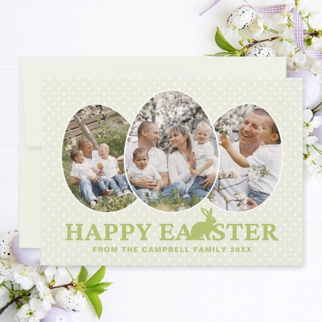 Tarjeta Festiva Feliz Collage de fotos de Conejo Verde Luz de Pasc (Easter family photo collage card with egg-shaped photo frames, pastel green text and bunny.)
