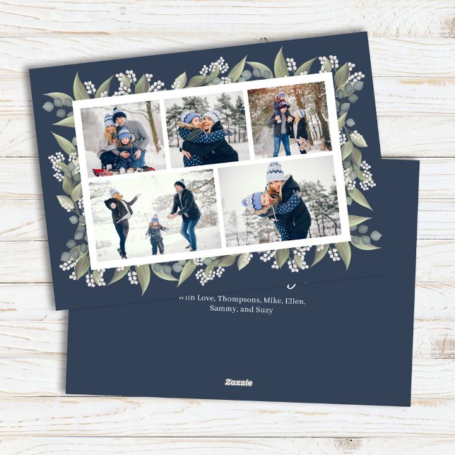 Tarjeta Festiva Feliz Collage de fotos Floral Azul de la Marina (Multi photo collage custom Navy blue holiday photo card.)