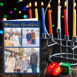 Tarjeta Festiva Feliz Collage de fotos Hanukkah azul moderno dobla<br><div class="desc">El collage de fotos de la familia judía de personalizable moderno Hanukkah doblado tarjeta con una colección de fotos del invierno. Añada 3 de sus recuerdos favoritos de Chanukah en este moderno diseño de tres fotografías debajo de una menorah y un guión cursivo de oro. Personalizar con otra foto y...</div>