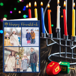 Tarjeta Festiva Feliz Collage de fotos Hanukkah azul moderno dobla