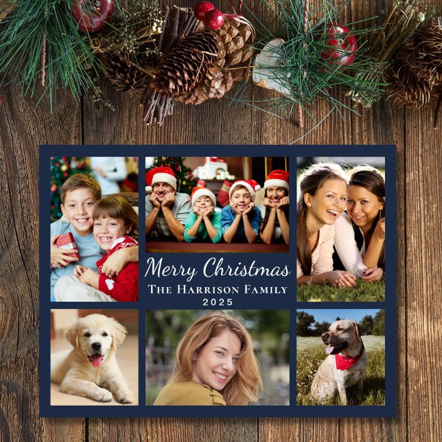 Tarjeta Festiva Feliz Collage de fotos navideño azul (Share the love and warmth of the season with your personalized photo Christmas card)