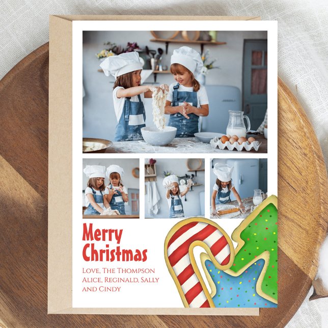 Tarjeta Festiva Feliz Collage de fotos navideño de café (Merry Christmas Custom Photo Card with cute cookie theme.)