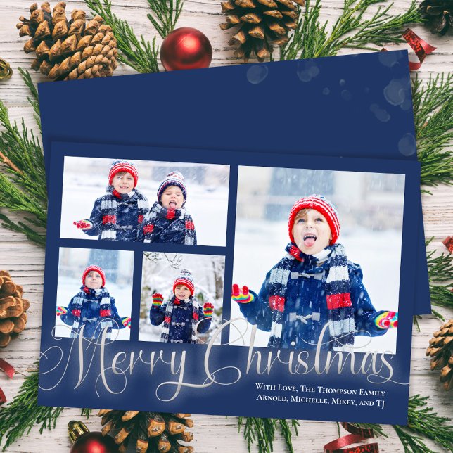Tarjeta Festiva Feliz Collage de fotos navideño guión azul (Merry Christmas in shimmering silver with Navy Blue. )