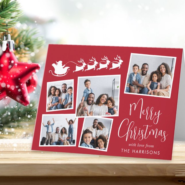 Tarjeta Festiva Feliz Collage de fotos navideño Santa Sleigh (Share the love and warmth of the season with your personalized photo Christmas card)