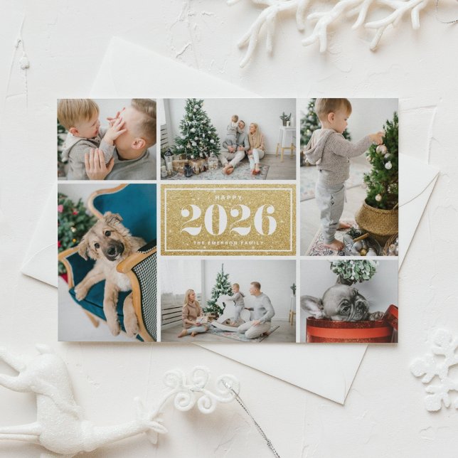 Tarjeta Festiva Feliz Collage de fotos Purpurina de Oro 2024 (Send 2026 new year cheer with this photo collage Happy New Year Card featuring faux gold glitter. )