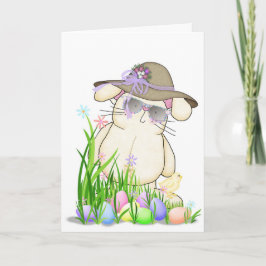 Tarjeta Festiva Feliz Conejo de Pascua con Bonnet