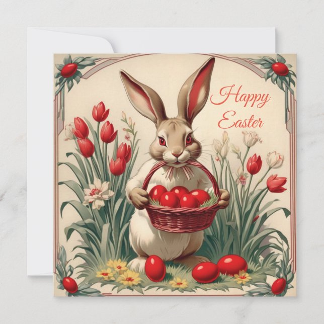 Tarjeta Festiva Feliz conejo de Pascua con canasta de huevos (Anverso)
