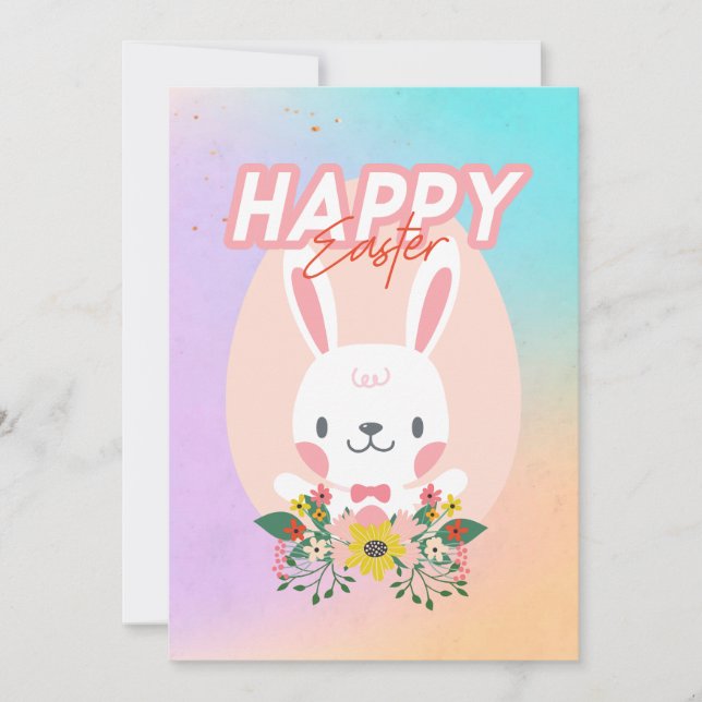 Tarjeta Festiva Feliz Conejo de Pascua con flores editable (Anverso)