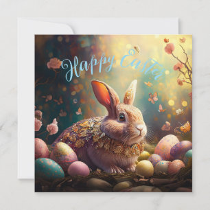 Tarjeta Festiva Feliz Conejo de Pascua con huevos de Pascua