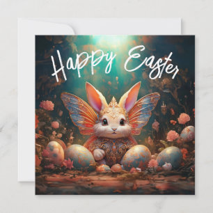 Tarjeta Festiva Feliz Conejo de Pascua con huevos de Pascua