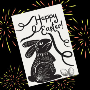 Tarjeta Festiva Feliz Conejo de Pascua con huevos en blanco y negr