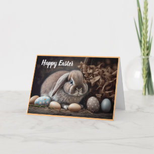 Tarjeta Festiva Feliz Conejo de Pascua con huevos teñidos
