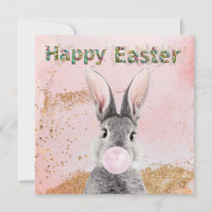 Tarjeta Festiva Feliz Conejo de Pascua soplando chicle rosado