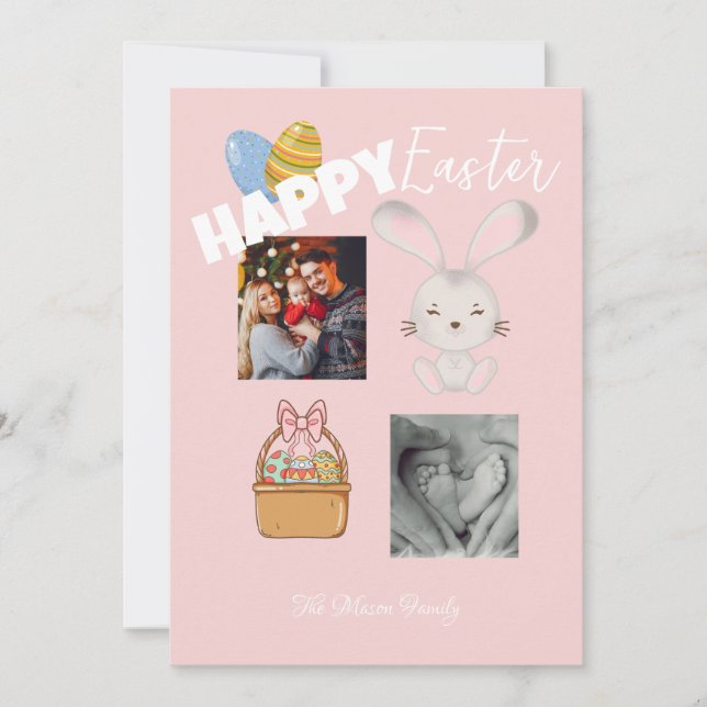 Tarjeta Festiva Feliz Conejo de Pascua y Fotografía de la Familia  (Anverso)