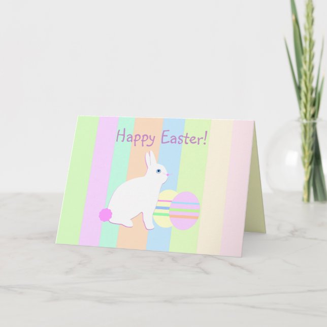 Tarjeta Festiva Feliz Conejo de Pascua y huevos a rayas (Anverso)
