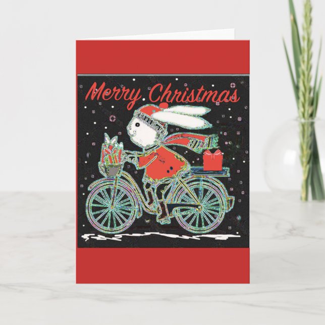 Tarjeta Festiva Feliz Conejo navideño en bicicleta - Chris en bici (Anverso)