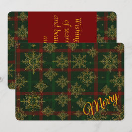 Tarjeta Festiva Feliz copo de nieve steampunk con tartán rojo y ve