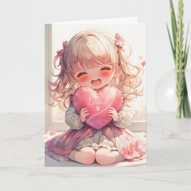 Tarjeta Festiva Feliz corazón Chica de Anime (Anverso)