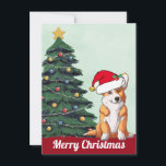 Tarjeta Festiva Feliz Corgi navideño con cola Santa Hat lindo perr<br><div class="desc">Este hermoso perro de Pembroke Welsh Corgi tiene la cabeza inclinada dentro de un lindo gorra de Santa Claus. El cachorro está sentado frente a un árbol de Navidad bonito decorado con adornos coloridos. Feliz Navidad está escrito en la parte delantera con una bonita cursiva en esta tarjeta de vacaciones...</div>