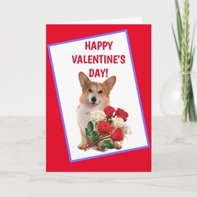Tarjeta Festiva Feliz Corgi Y Rosas Valentine (Anverso)