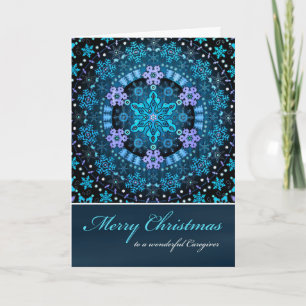 Tarjeta Festiva Feliz cuidador de Navidad, Blue Boho Snowflakes