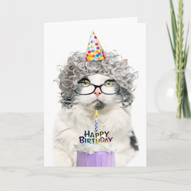 Tarjeta Festiva Feliz cumpleaños a un gracioso gato de anciana en  (Anverso)