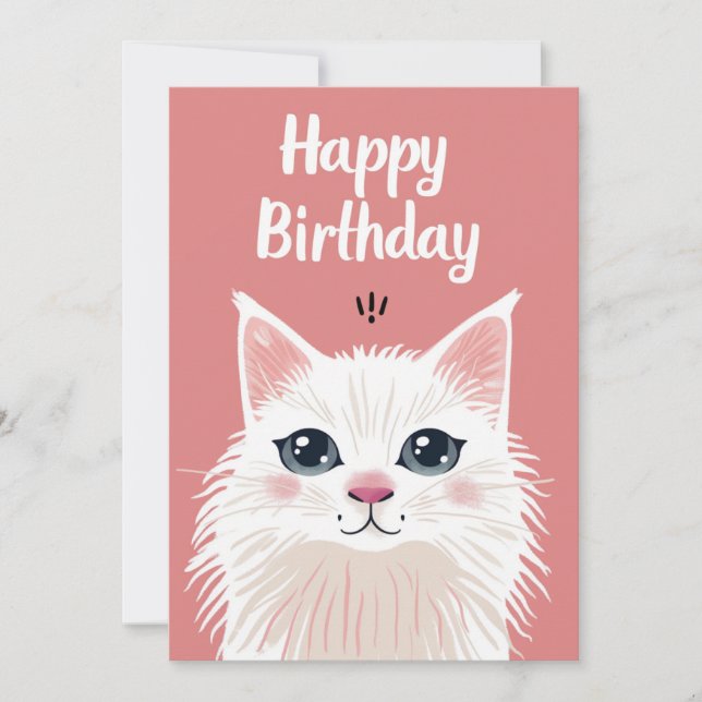 Tarjeta Festiva Feliz cumpleaños al gato blanco (Anverso)