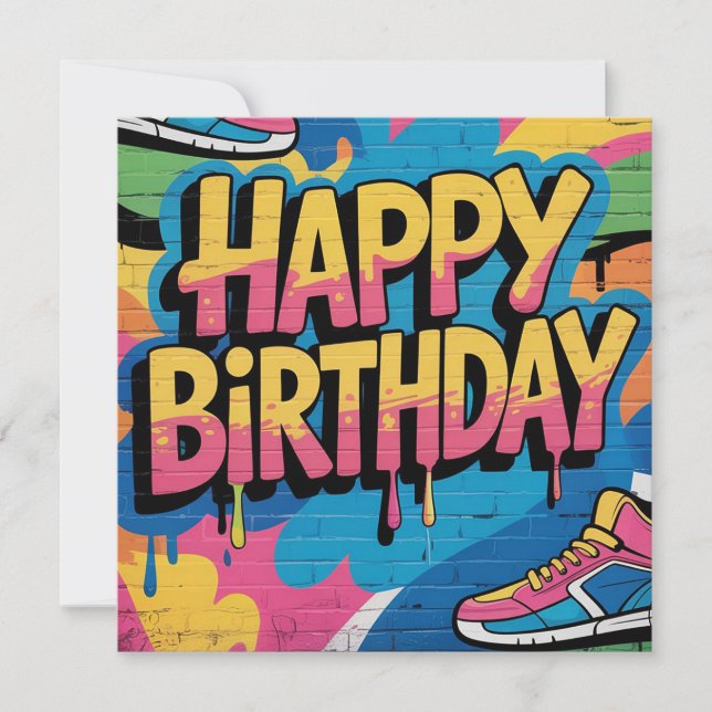 Tarjeta Festiva Feliz cumpleaños al graffiti muro con zapatillas (Anverso)