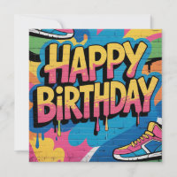 Feliz cumpleaños al graffiti muro con zapatillas