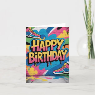Tarjeta Festiva Feliz cumpleaños al graffiti muro con zapatillas
