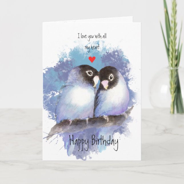 Tarjeta Festiva Feliz cumpleaños Amor Blue Lovebirds Arte de pájar (Anverso)