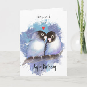 Tarjeta Festiva Feliz cumpleaños Amor Blue Lovebirds Arte de pájar