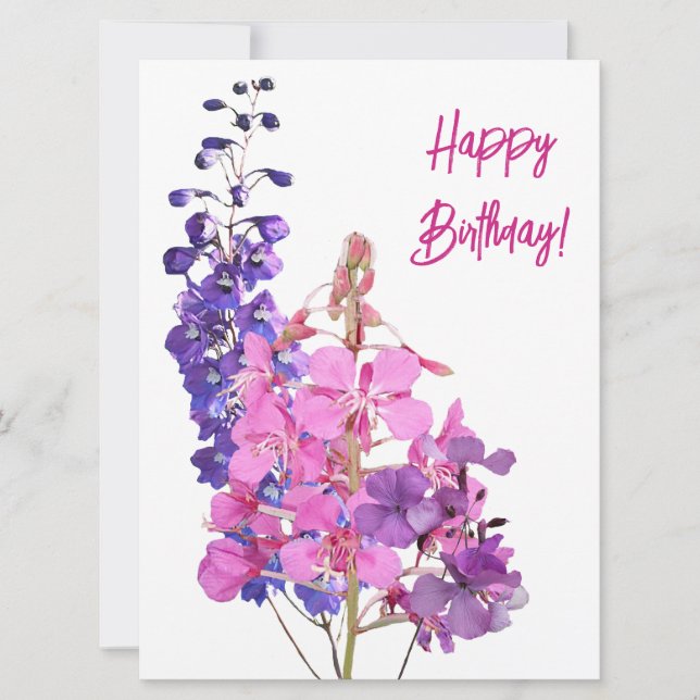 Tarjeta Festiva Feliz cumpleaños bonito flores púrpura rosadas flo (Anverso)