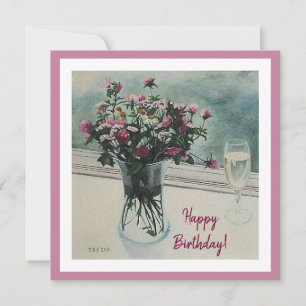 Tarjeta Festiva Feliz cumpleaños bonito flores rosadas arte floral