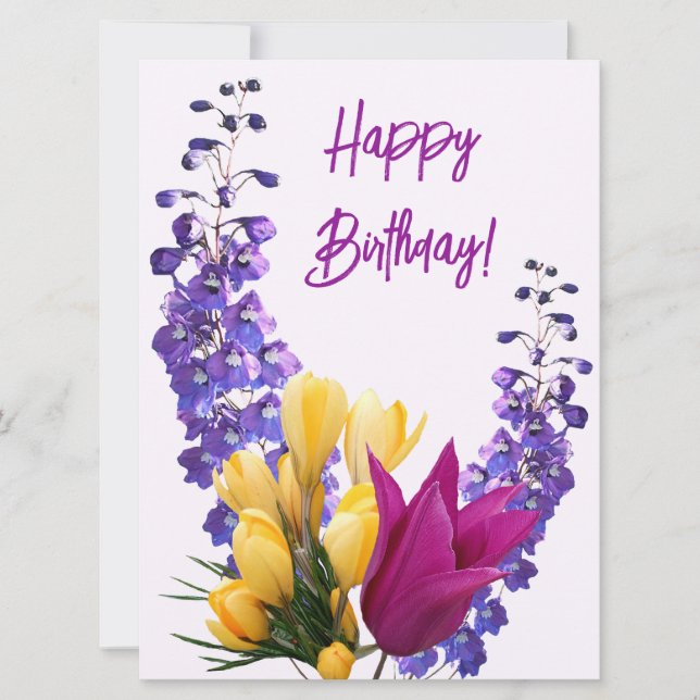 Tarjeta Festiva Feliz cumpleaños bonito morado amarillo rosa flora (Anverso)