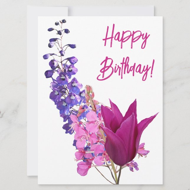 Tarjeta Festiva Feliz cumpleaños bonito tulipán rosa morado floral (Anverso)