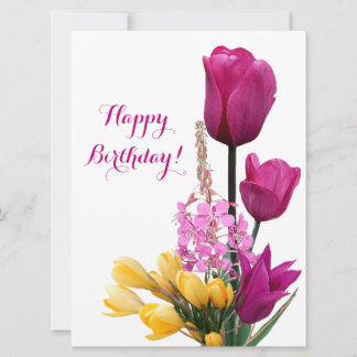 Tarjeta Festiva Feliz cumpleaños bonito tulipanes rosados crocus f